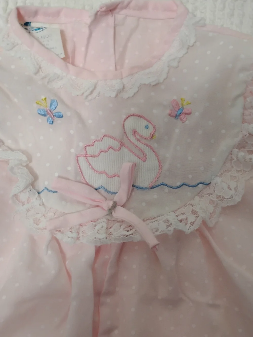 Vintage 80s Cradle Togs Baby Girl Pink Swiss Dot Bubble Romper Swan Embroidered